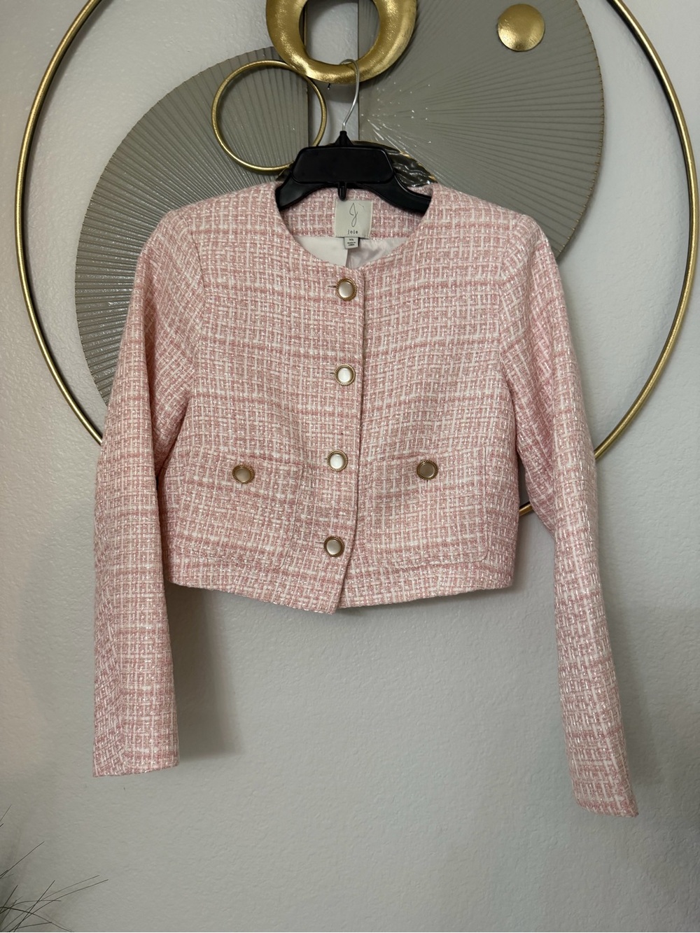 Joie Pink Tweed Cropped Blazer with Gold Buttons